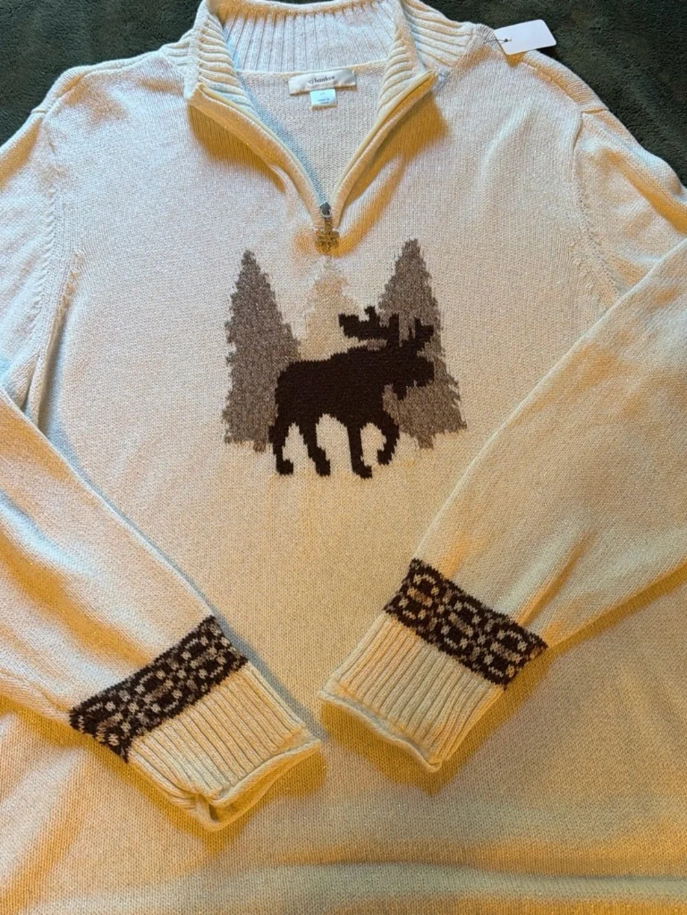 CJ Banks Cream Pullover with Brown Moose and Tree Accents - Picture 2 of 6